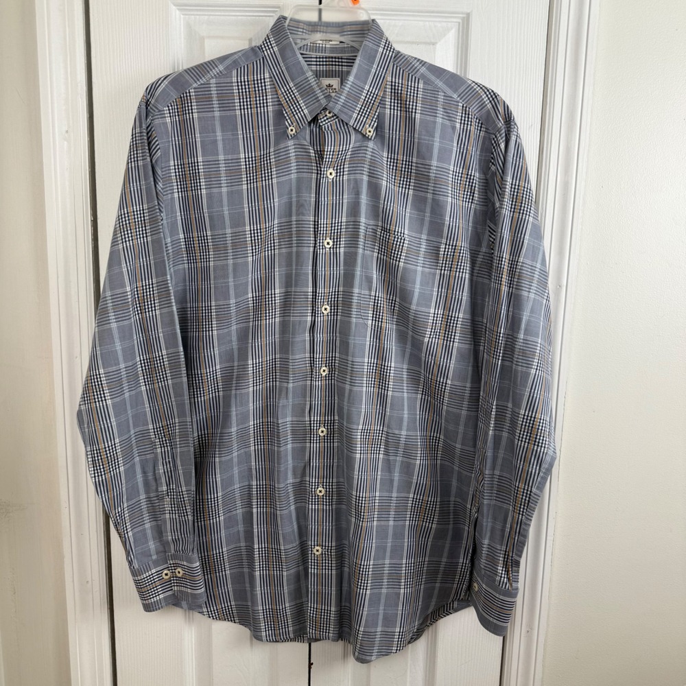 Peter Millar Mens Large‎ Blue Grey Plaid Cotton Button Down Shirt preppy